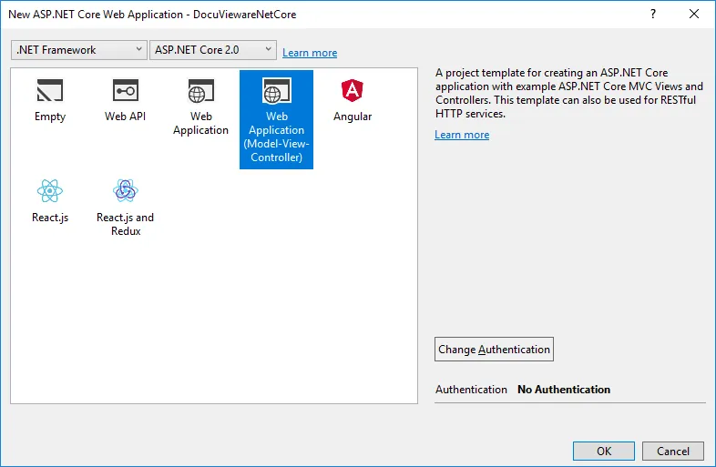 Visual Studio new project dialog showing .NET Core ASP.NET Core Web Application selection with .NET Framework target
