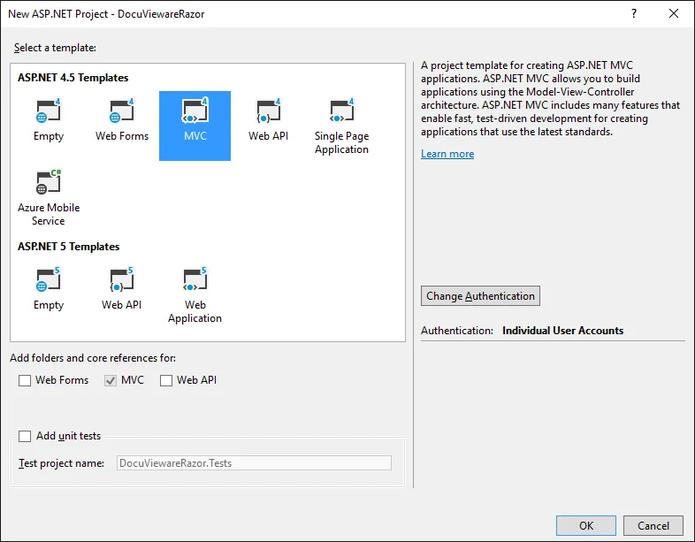 New ASP.NET MVC 5 project dialog in Visual Studio