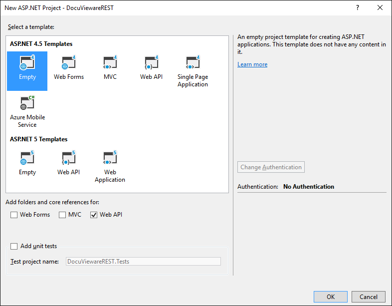 New ASP.NET Web Application dialog in Visual Studio