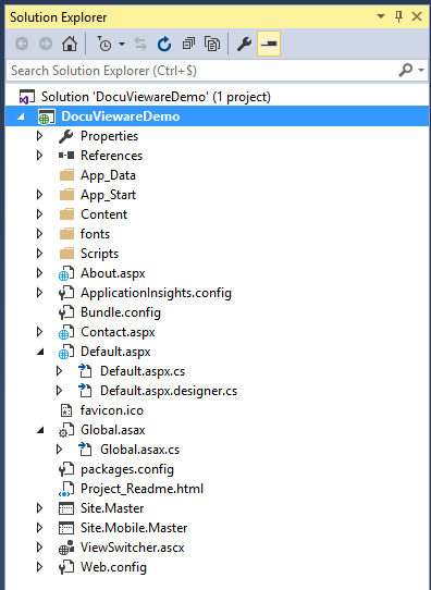 Project structure in Solution Explorer showing Default.aspx, Global.asax, and Web.config files
