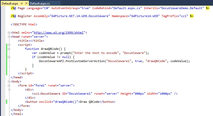 Default.aspx page with button and JavaScript function for QR code drawing