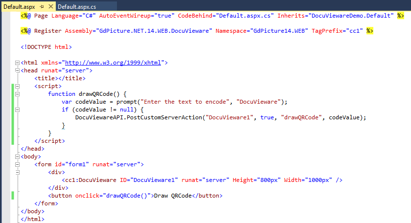 Default.aspx page with button and JavaScript function for QR code drawing