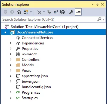 Solution Explorer showing the DocuViewareNetCore project structure with Controllers, Views, and wwwroot folders