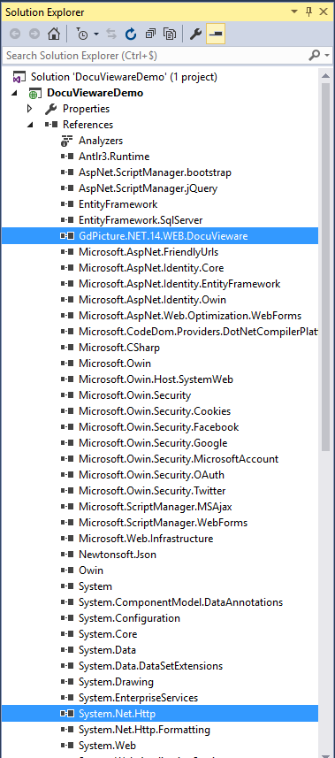 Project references in Solution Explorer showing GdPicture and System.Web.Http references