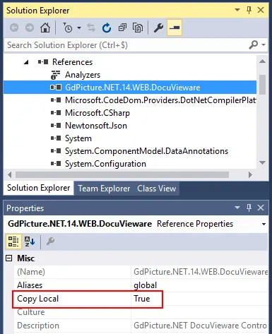 Reference properties window showing Copy Local set to True
