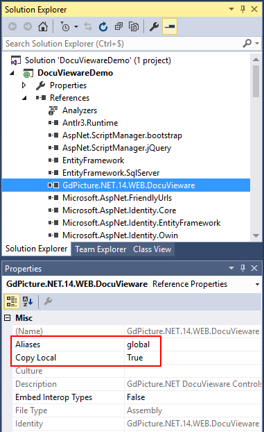 Reference properties window showing Copy Local set to True