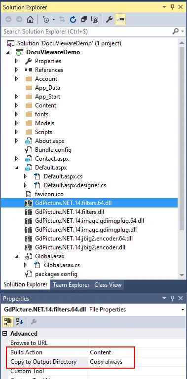 Build Action and Copy to Output Directory properties for DLL files