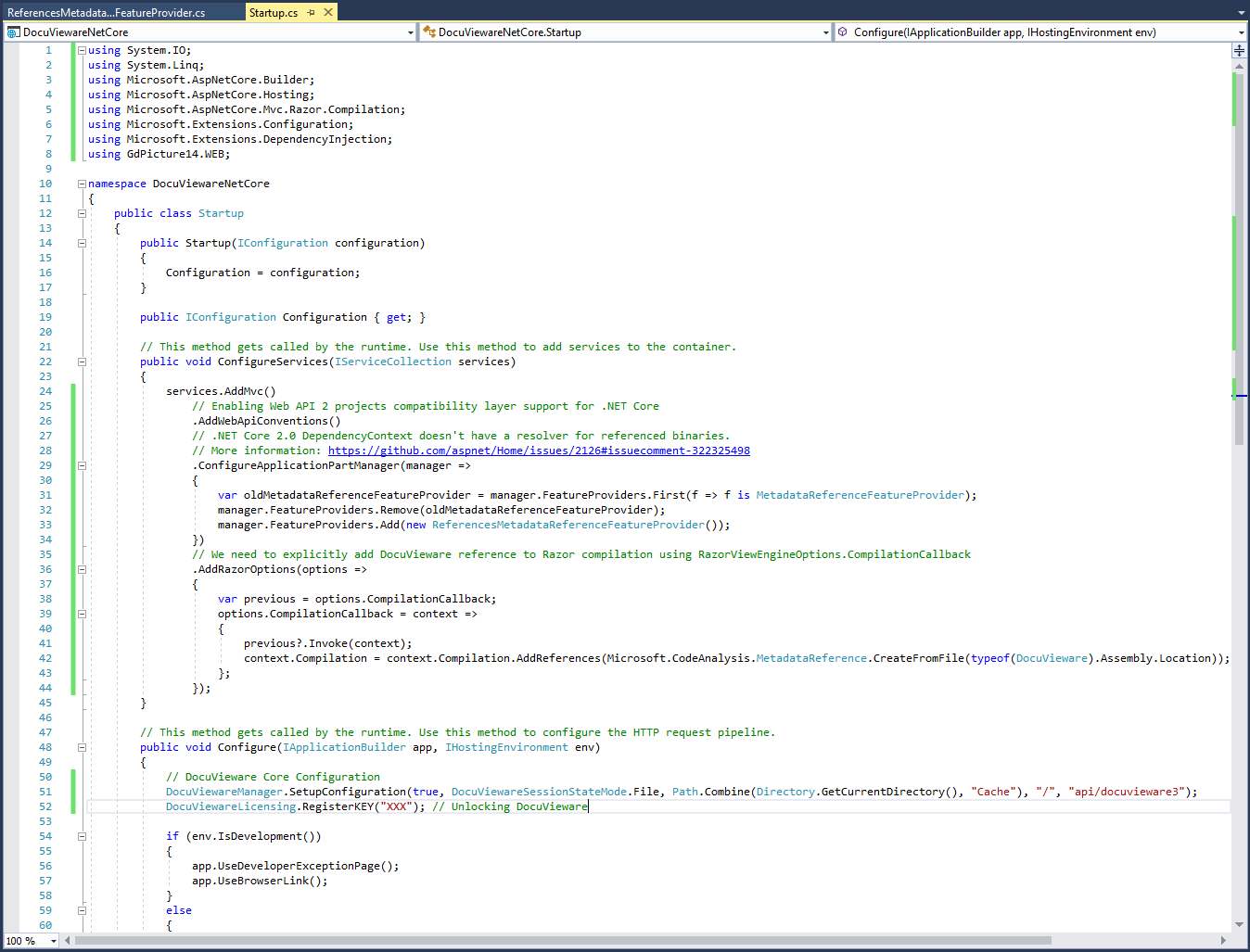Startup.cs file showing the Configure and ConfigureServices methods with DocuVieware licensing and configuration code