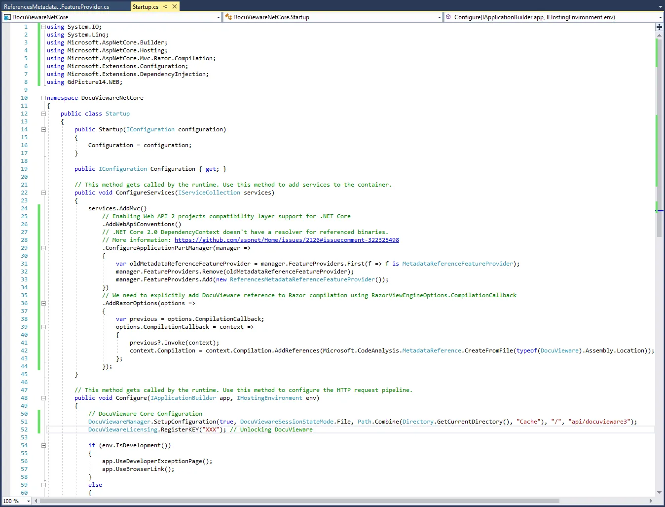 Startup.cs file showing the Configure and ConfigureServices methods with DocuVieware licensing and configuration code