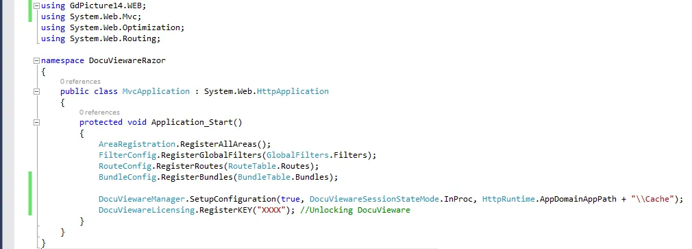 Global.asax.cs file with licensing and configuration code