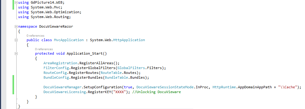 Global.asax.cs file with licensing and configuration code