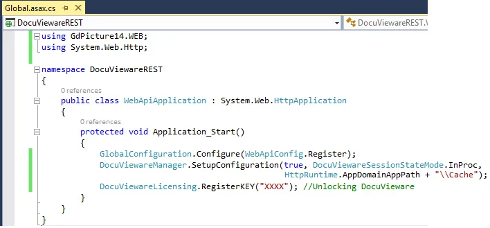 Global.asax.cs file with licensing and configuration code