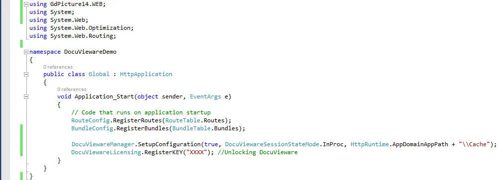 Global.asax.cs file with licensing and configuration code