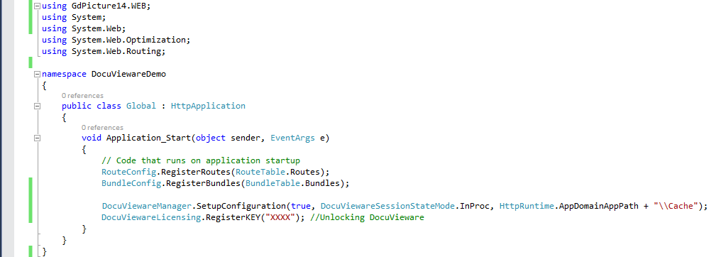 Global.asax.cs file with licensing and configuration code