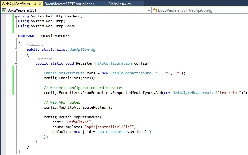 WebApiConfig.cs file with JSON and CORS configuration