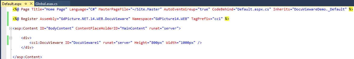 Default.aspx page with DocuVieware control markup