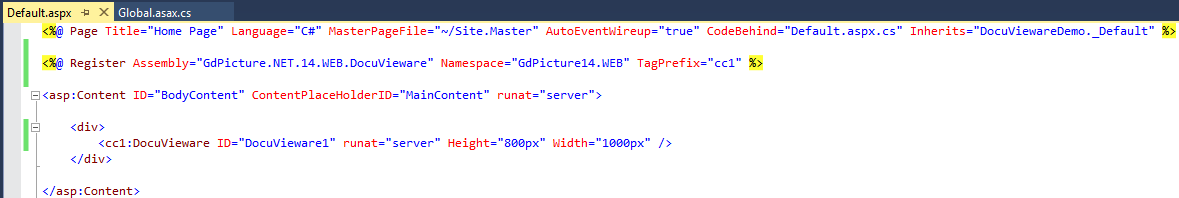 Default.aspx page with DocuVieware control markup