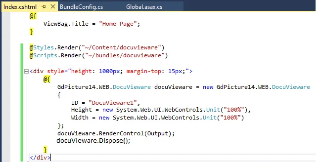Index.cshtml file with DocuVieware integration code