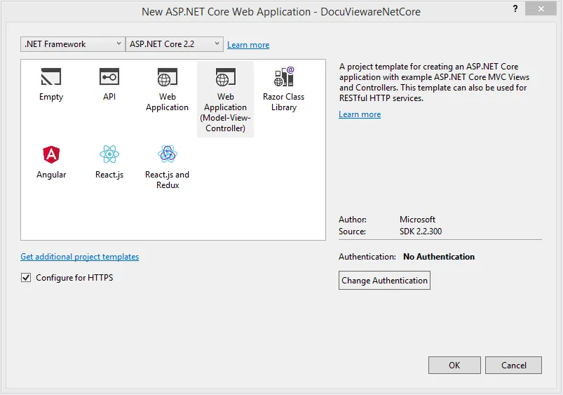 Visual Studio new project dialog showing .NET Core 2.2 and .NET Framework 4.7 target selection