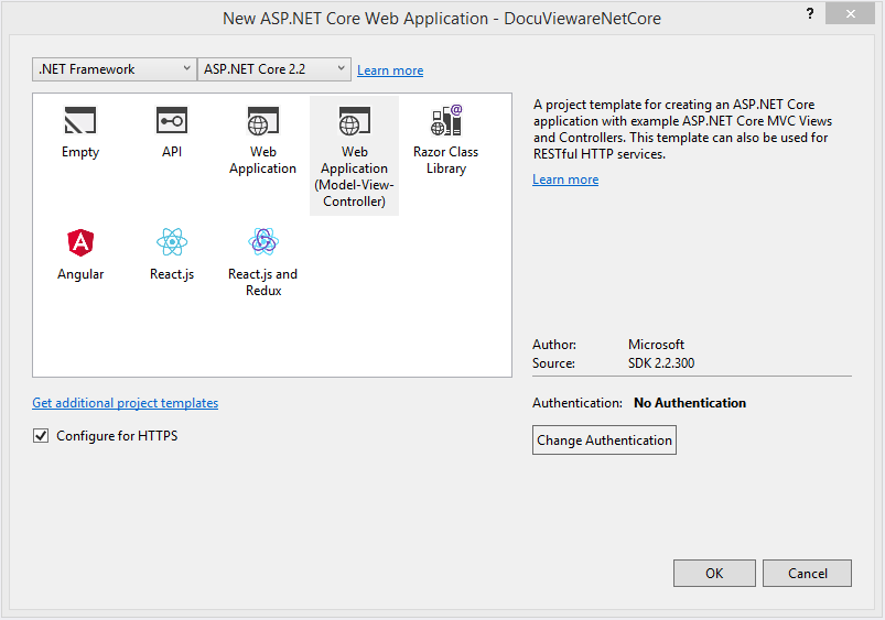 Visual Studio new project dialog showing .NET Core 2.2 and .NET Framework 4.7 target selection