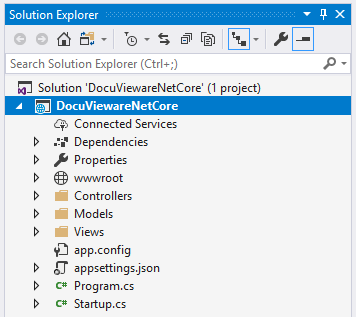 Solution Explorer showing the DocuViewareNetCore project structure with Controllers, Views, and wwwroot folders