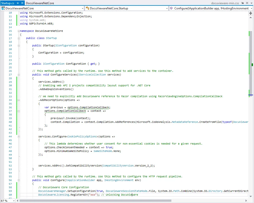 Startup.cs file showing DocuVieware licensing and configuration code