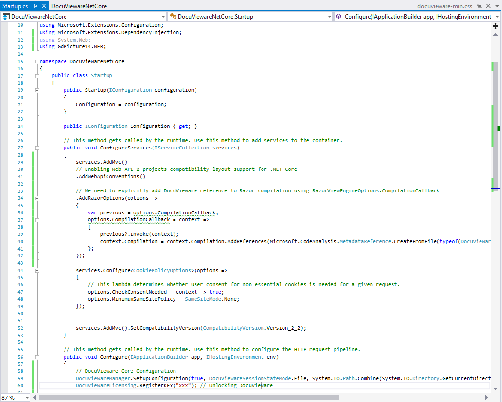 Startup.cs file showing DocuVieware licensing and configuration code