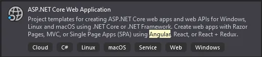 ASP.NET Core Web Application template selection