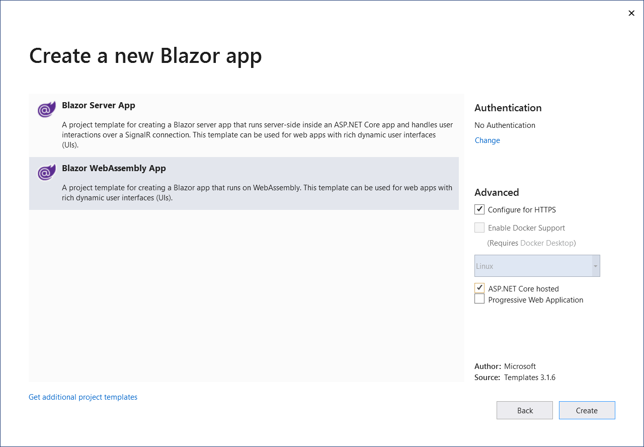 New Blazor WebAssembly project dialog with ASP.NET Core Hosted checkbox selected