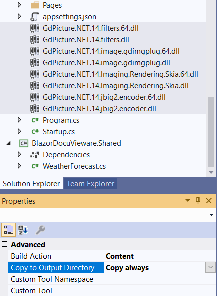 Solution Explorer showing DLL files with Build Action set to Content