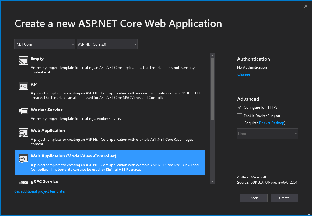 Showing .NET Core 3.0 and Web Application MVC selection