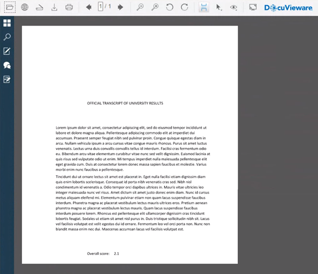 DocuVieware embedded in React application displaying a PDF document with toolbar options