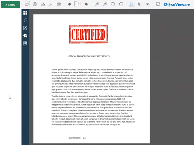 DocuVieware displaying a PDF document with a certification stamp applied