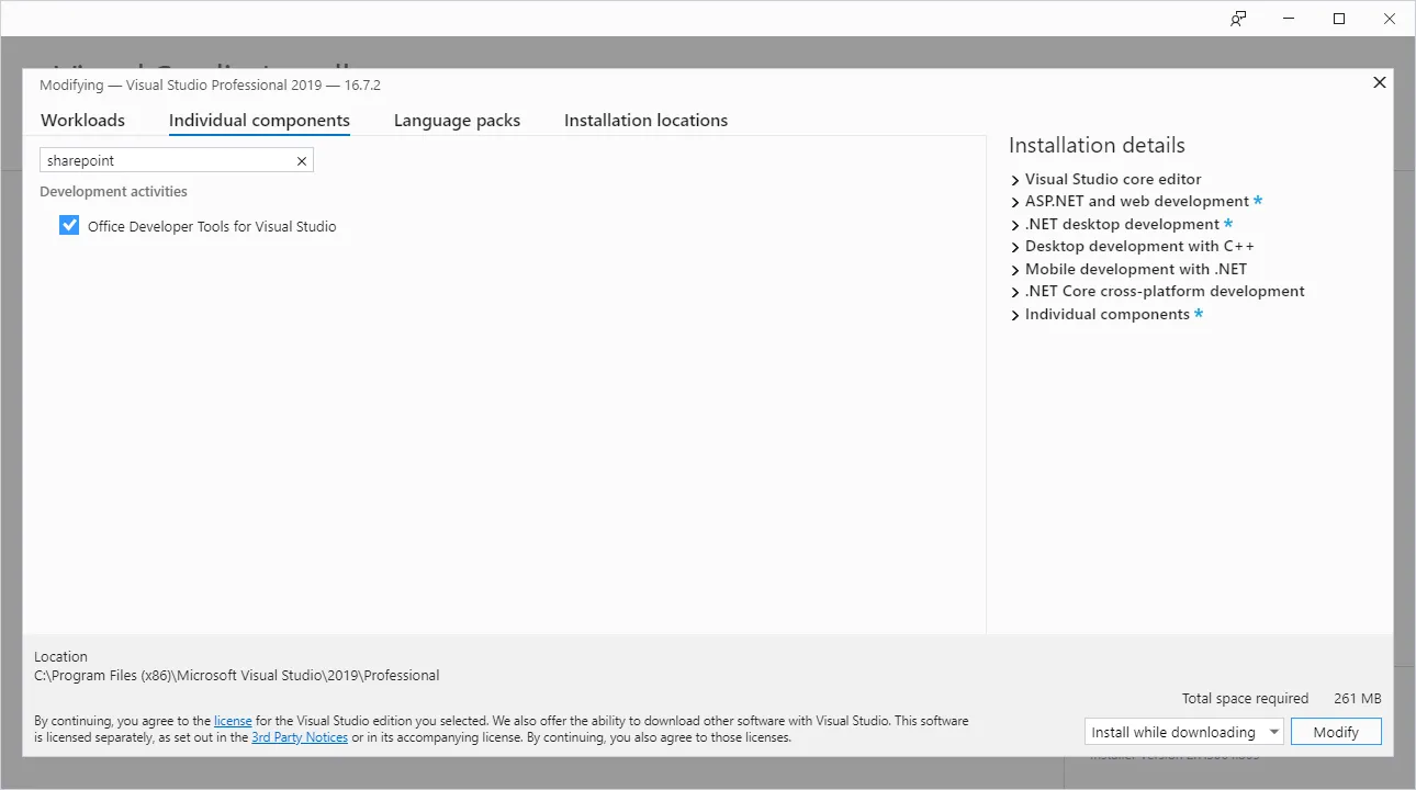 Visual Studio installer showing Office Developer Tools component