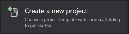 Visual Studio start window with Create a new project option