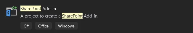 Project template selection showing SharePoint add-in option