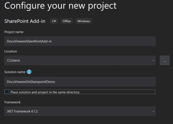 Configure your new project dialog