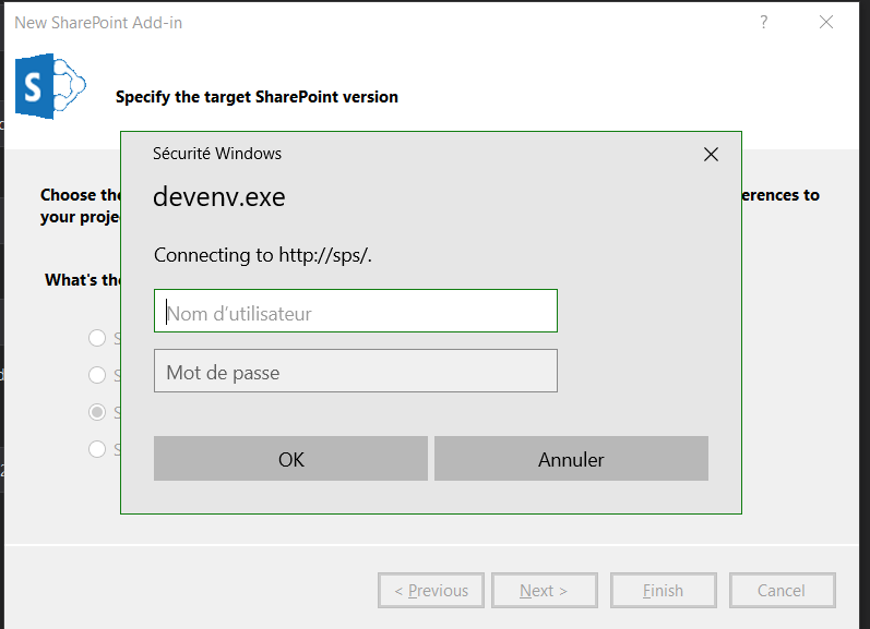 SharePoint server credentials dialog