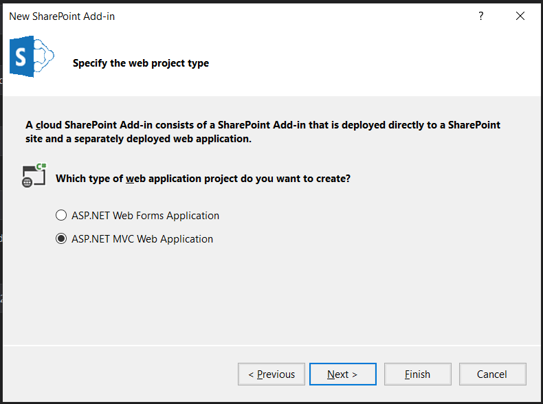 Web application type selection showing ASP.NET MVC option