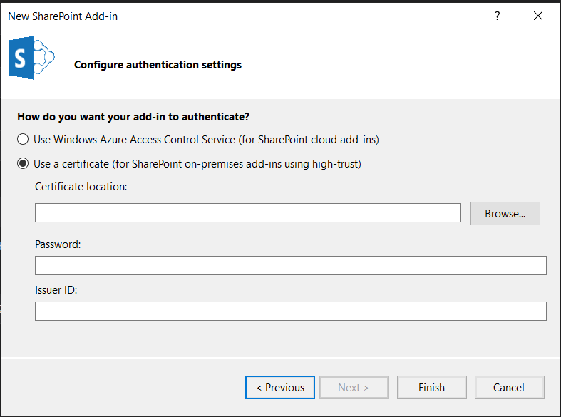 STS certificate configuration dialog