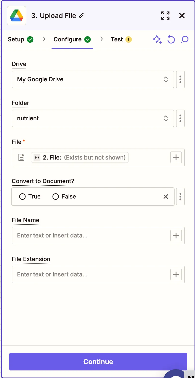 Configure the upload destination and file details