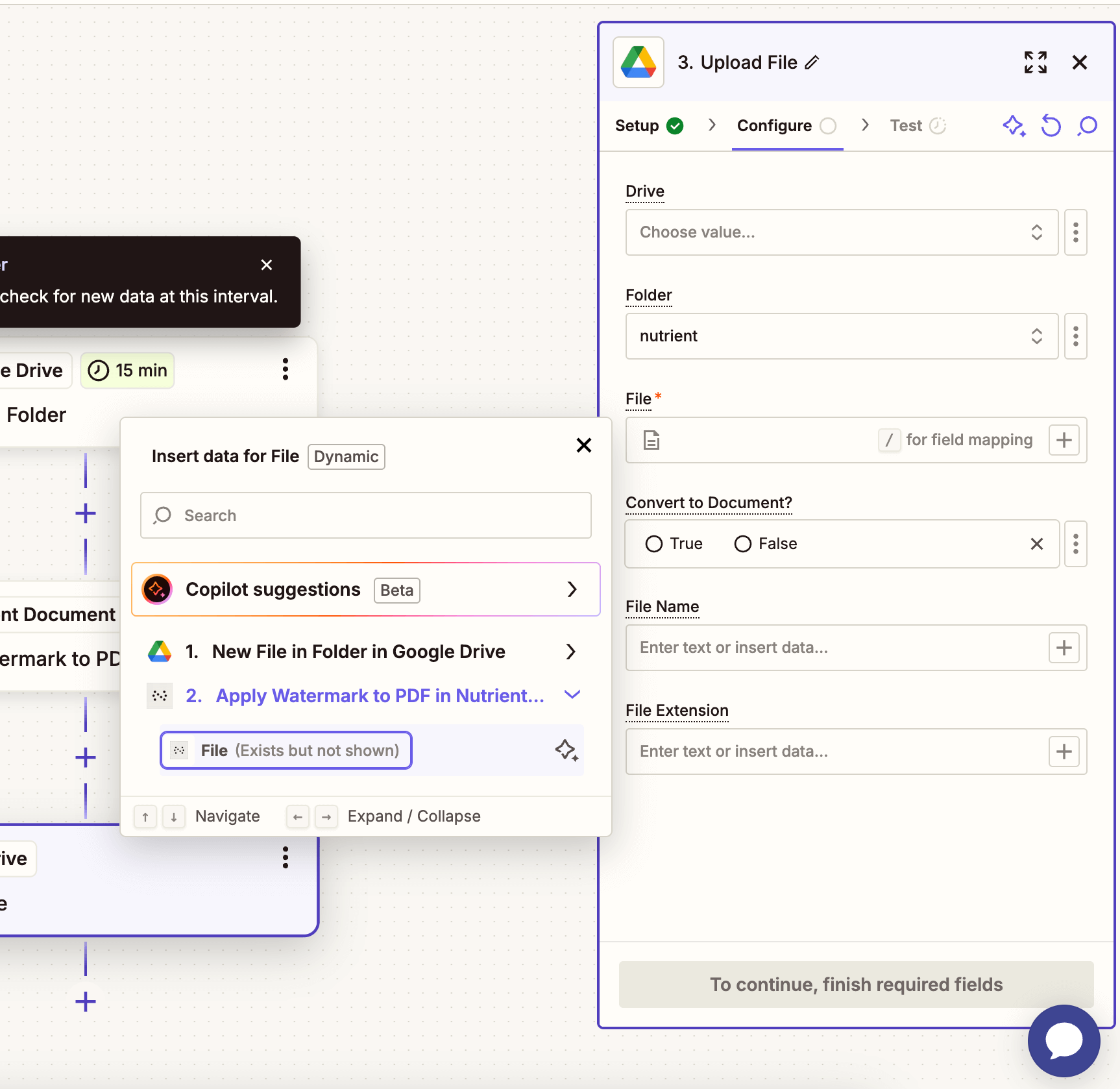Map the output from the watermark step to upload back to Google Drive