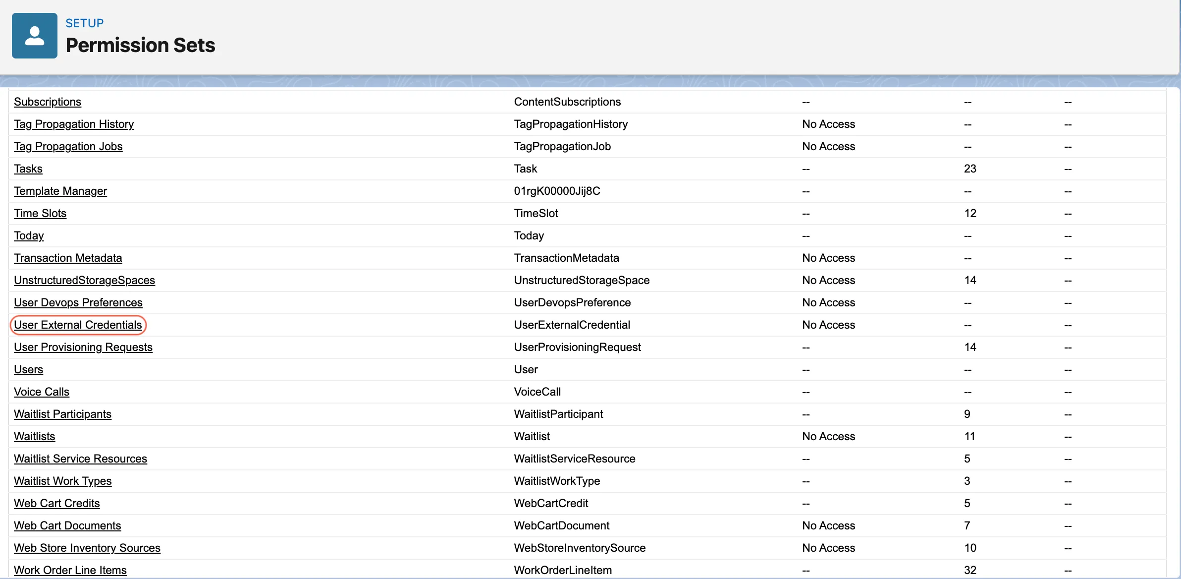 Object Settings page showing User External Credentials