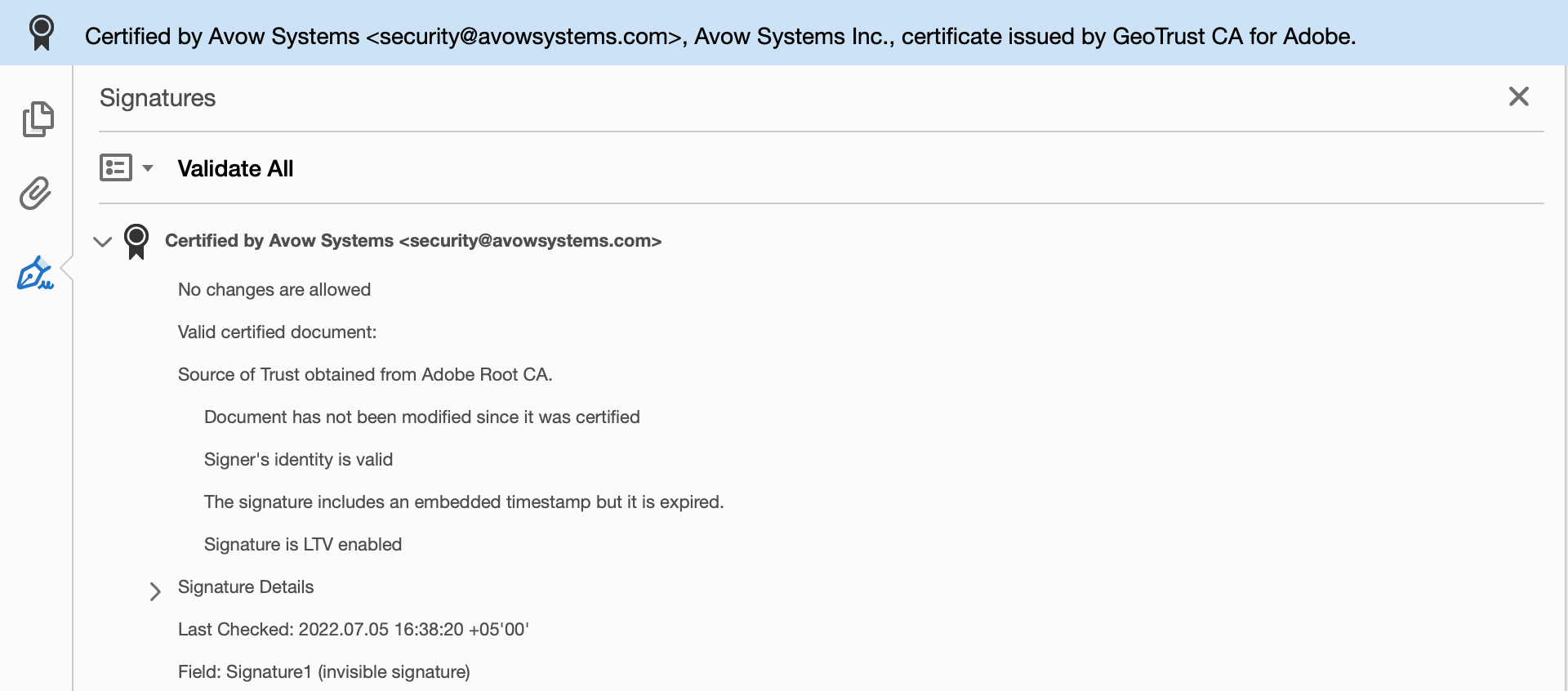 JavaScript Digital Signature — Valid Signature
