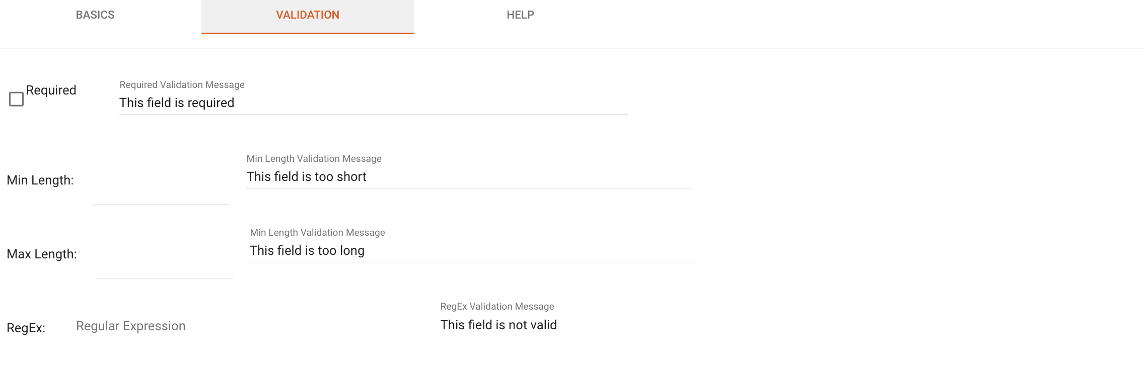 Validation tab with validation options