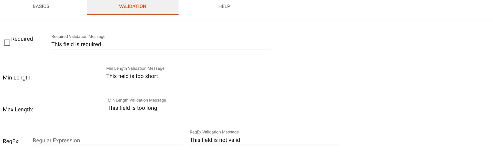Validation tab with validation options