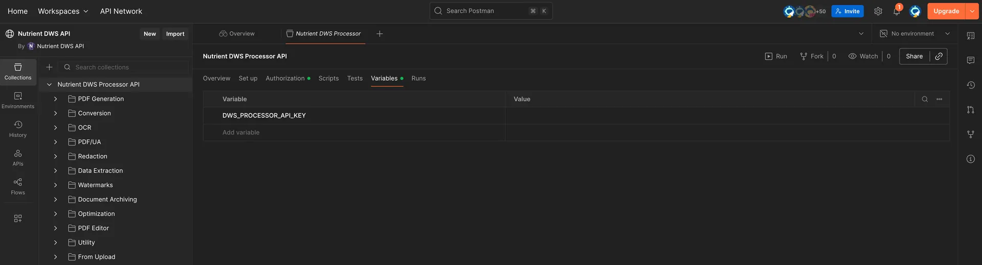Screen capture of the Postman window with the Variables section open
