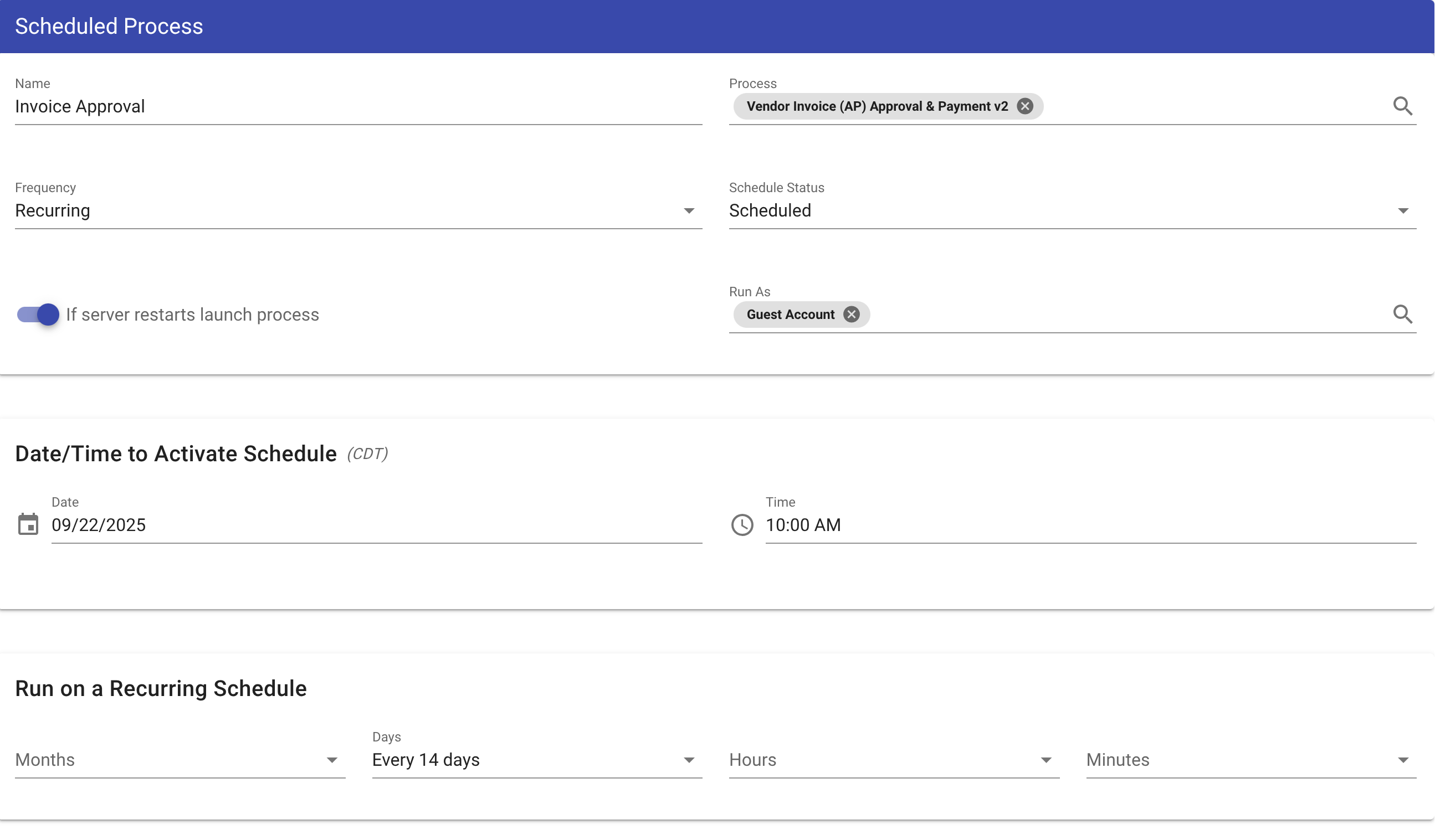 Bi-weekly vendor invoice process schedule configuration showing recurring day-of-week settings
