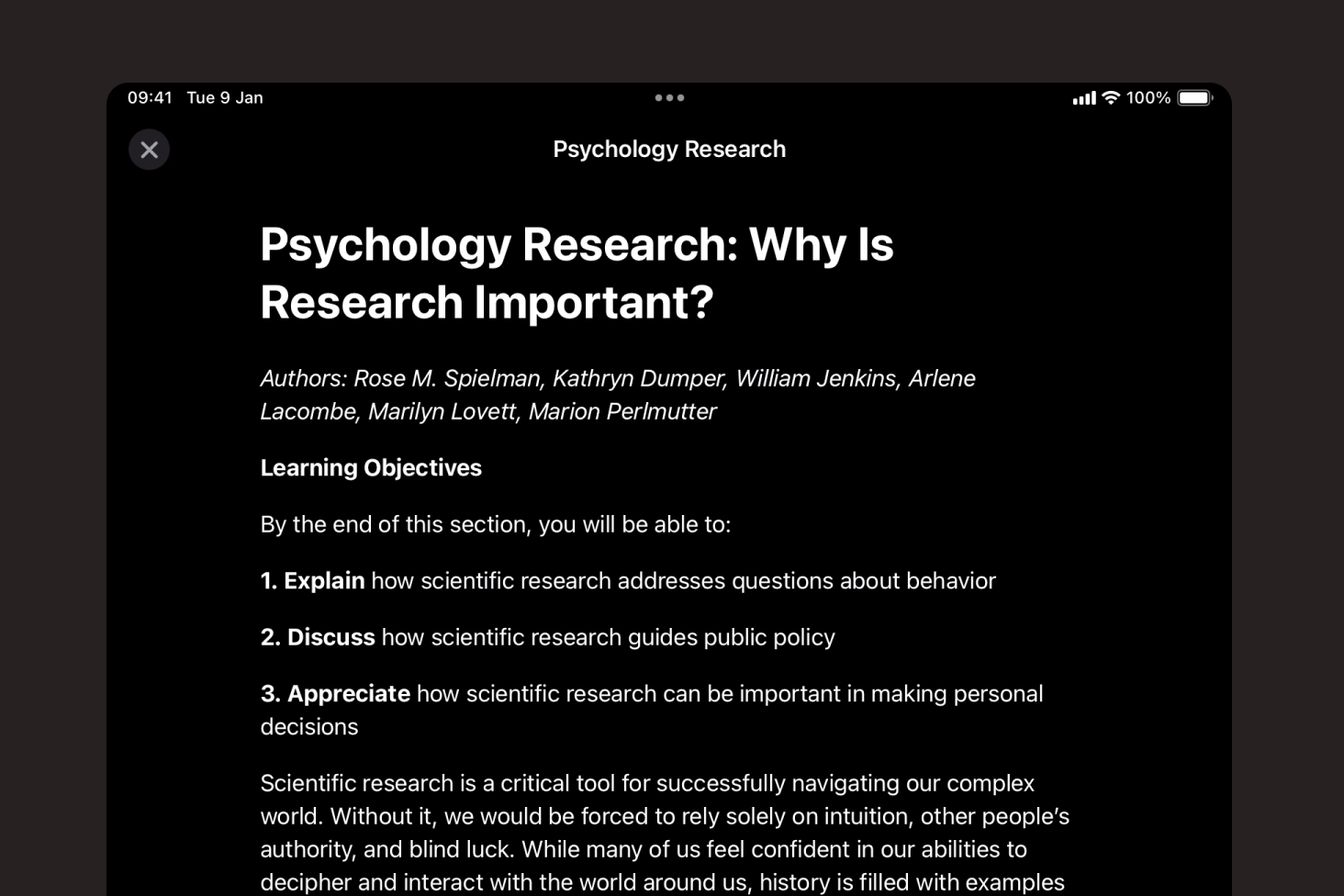 Reader view interface displaying a psychology research document