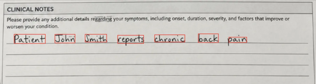 A handwritten line 'Patient John Smith reports chronic back pain' with brand-colored bounding boxes drawn around each individual word.
